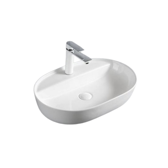 Umywalka nablatowa – 60cm owalna, z półką i otworem na baterię, z przelewem. Elegancka i funkcjonalna ceramika do większych łazienek.